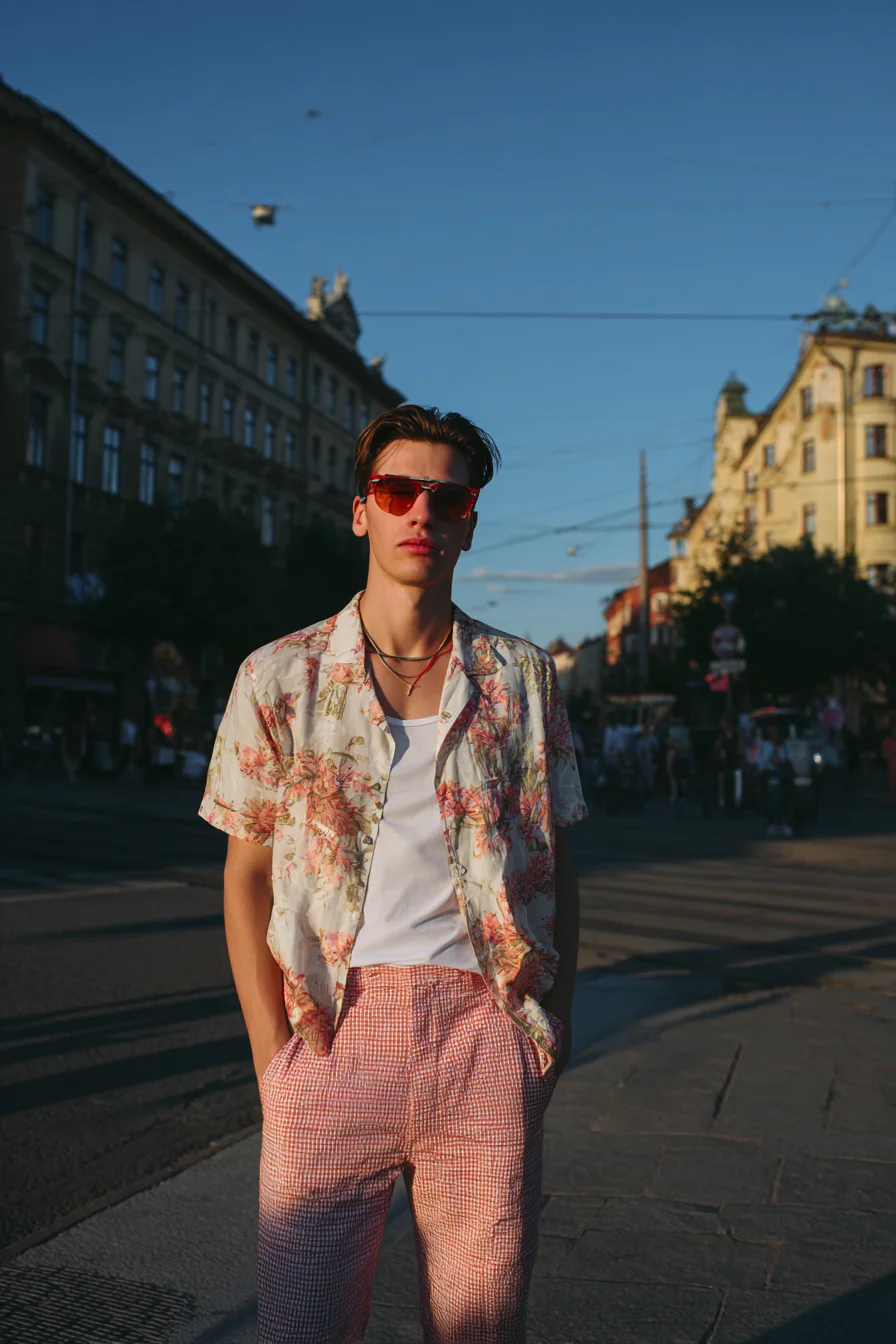 Summer Casual: Floral Camp Shirt, White Tank & Pink Checked Trousers for Men