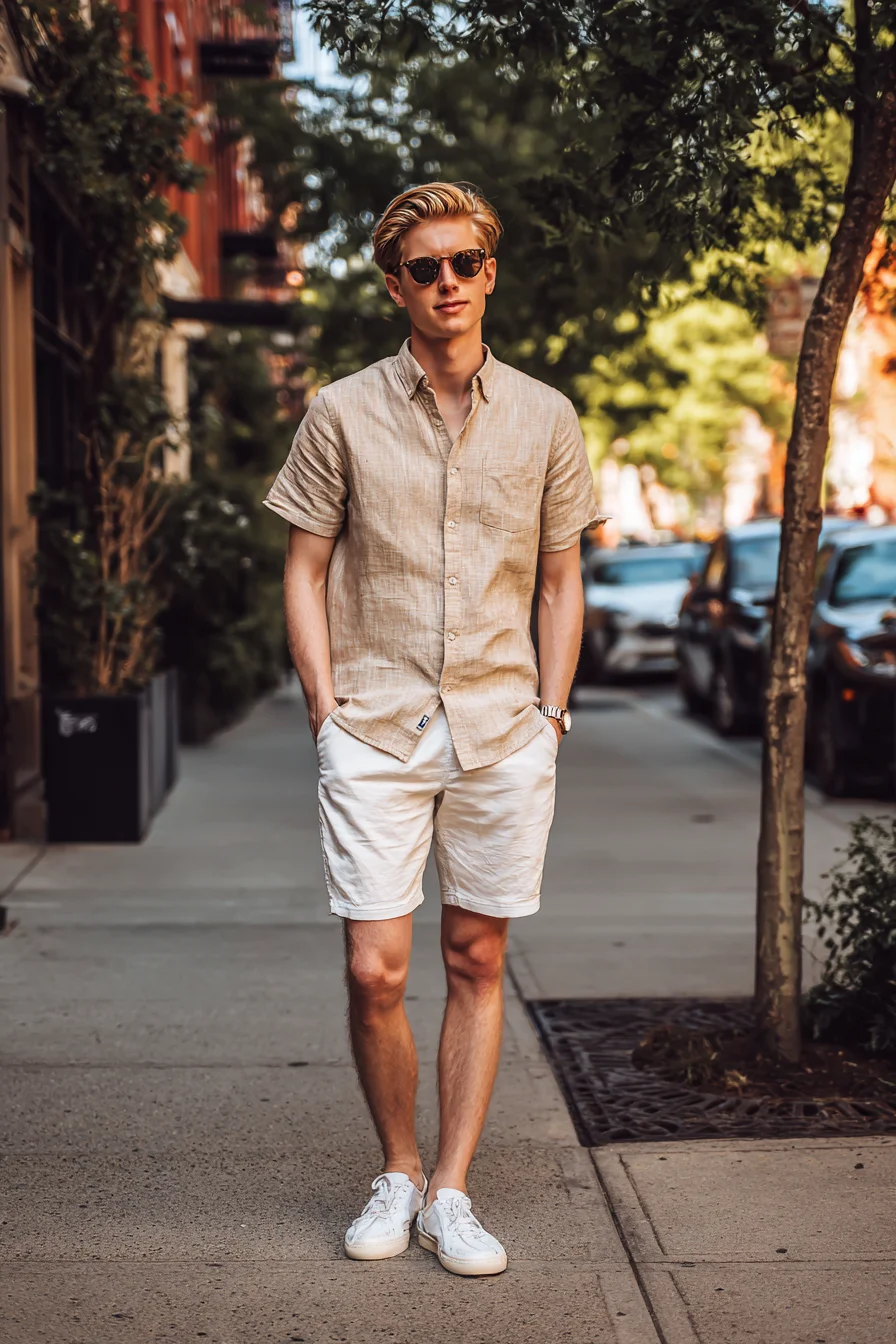 Summer Casual: Linen Button‑Down, Tailored Shorts & White Sneakers