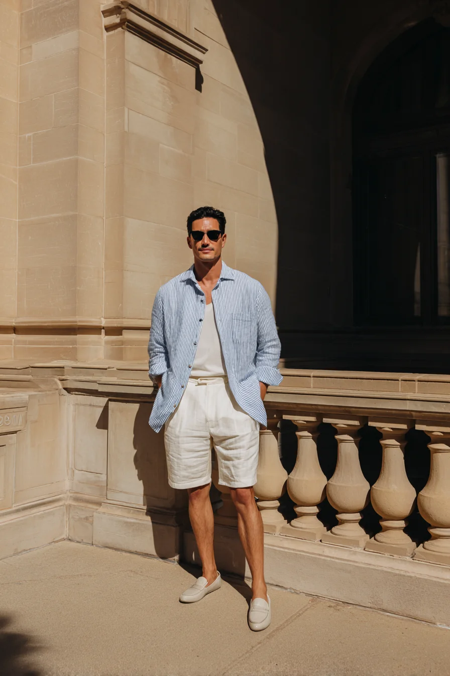 Summer Linen Casual: Striped Overshirt, White Tee and Tailored Shorts