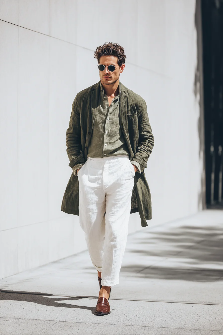 Summer Linen Layers: Olive Linen Coat, White Trousers & Brown Loafers