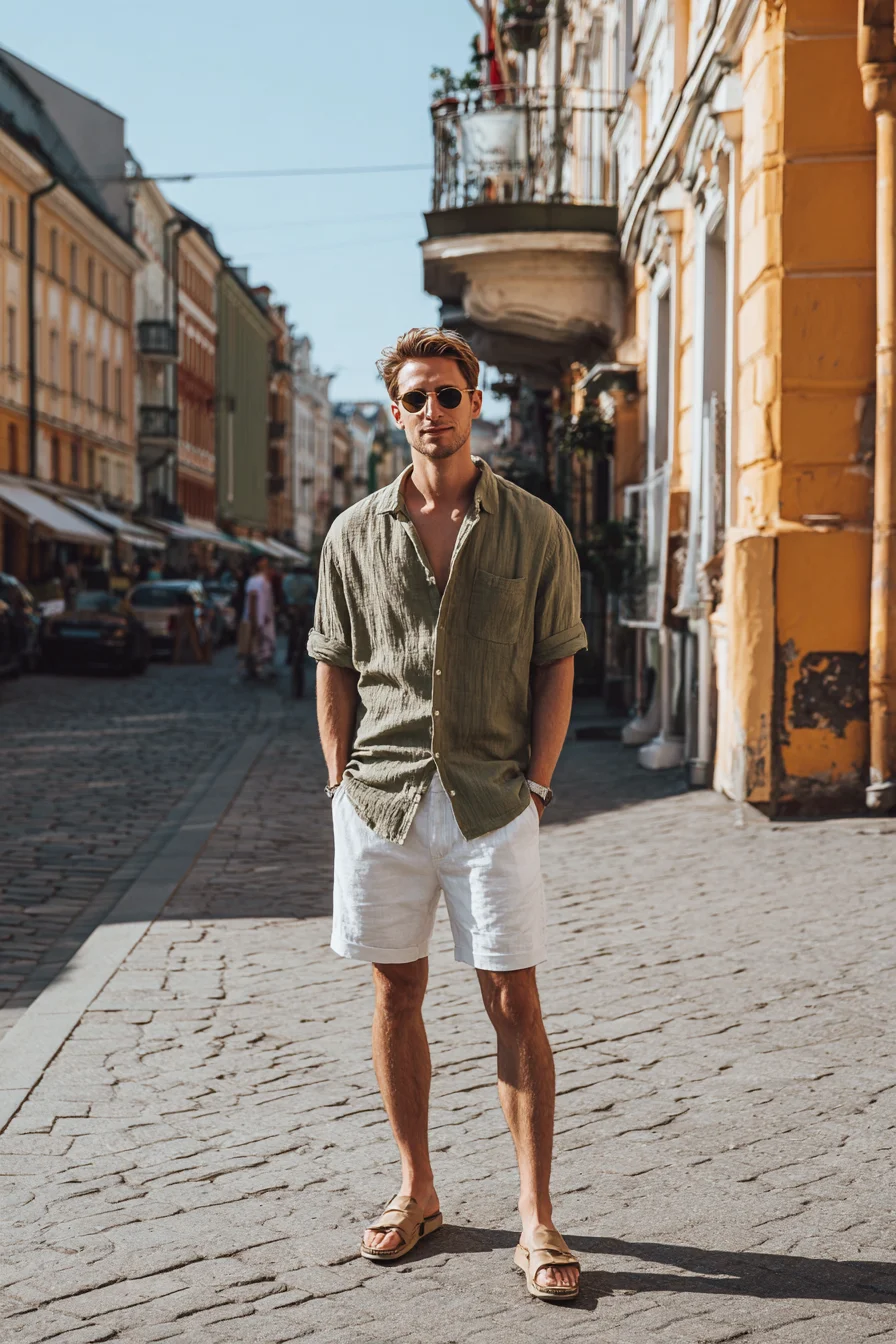 Summer Linen Outfit: Olive Shirt, White Shorts & Leather Sandals for Men