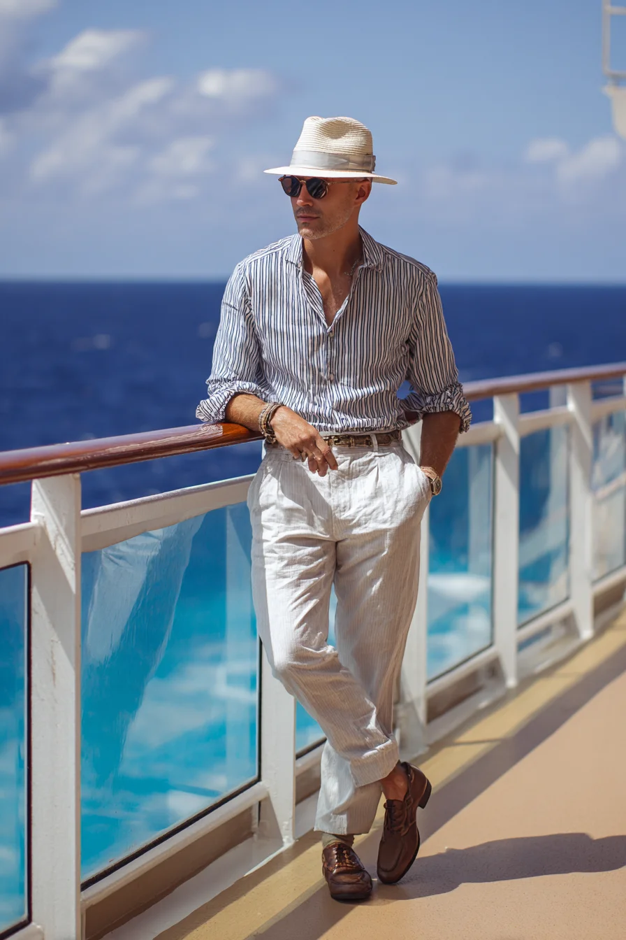 Summer Resort Casual: Linen Trousers, Striped Shirt & Panama Hat