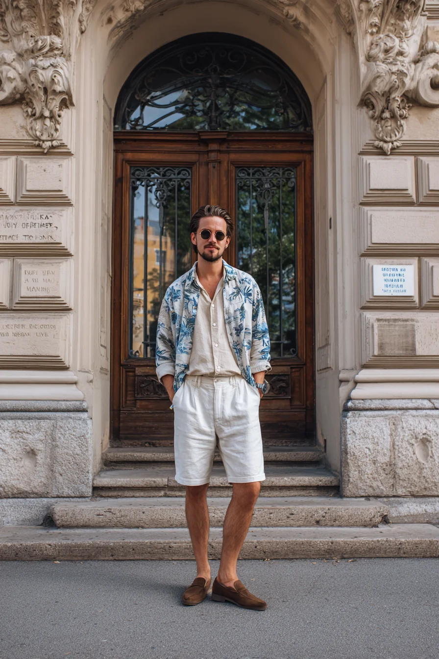 Summer Smart-Casual: Linen Shirt, Printed Overshirt, Tailored Shorts & Loafers