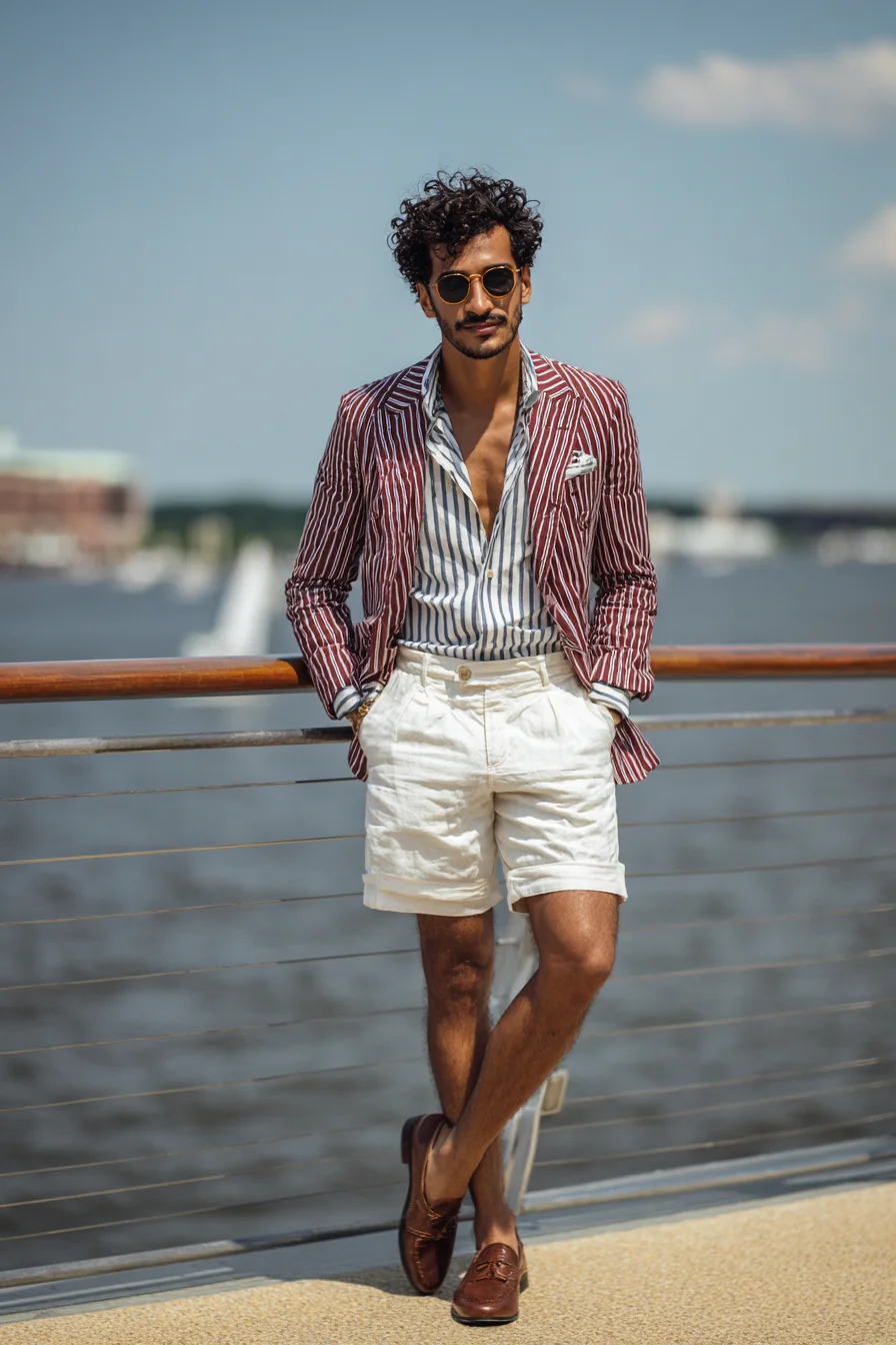 Summer Smart-Casual: Striped Blazer, Linen Shorts & Loafers for Nautical Chic
