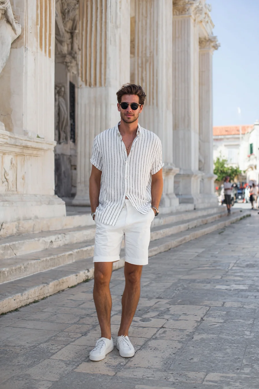 Summer Smart-Casual: Striped Linen Shirt with White Shorts for Men