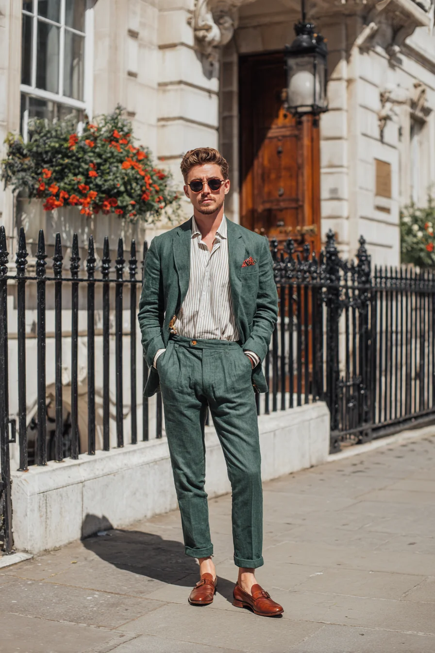 Summer Smart-Casual: Tailored Green Linen Suit with Brown Loafers