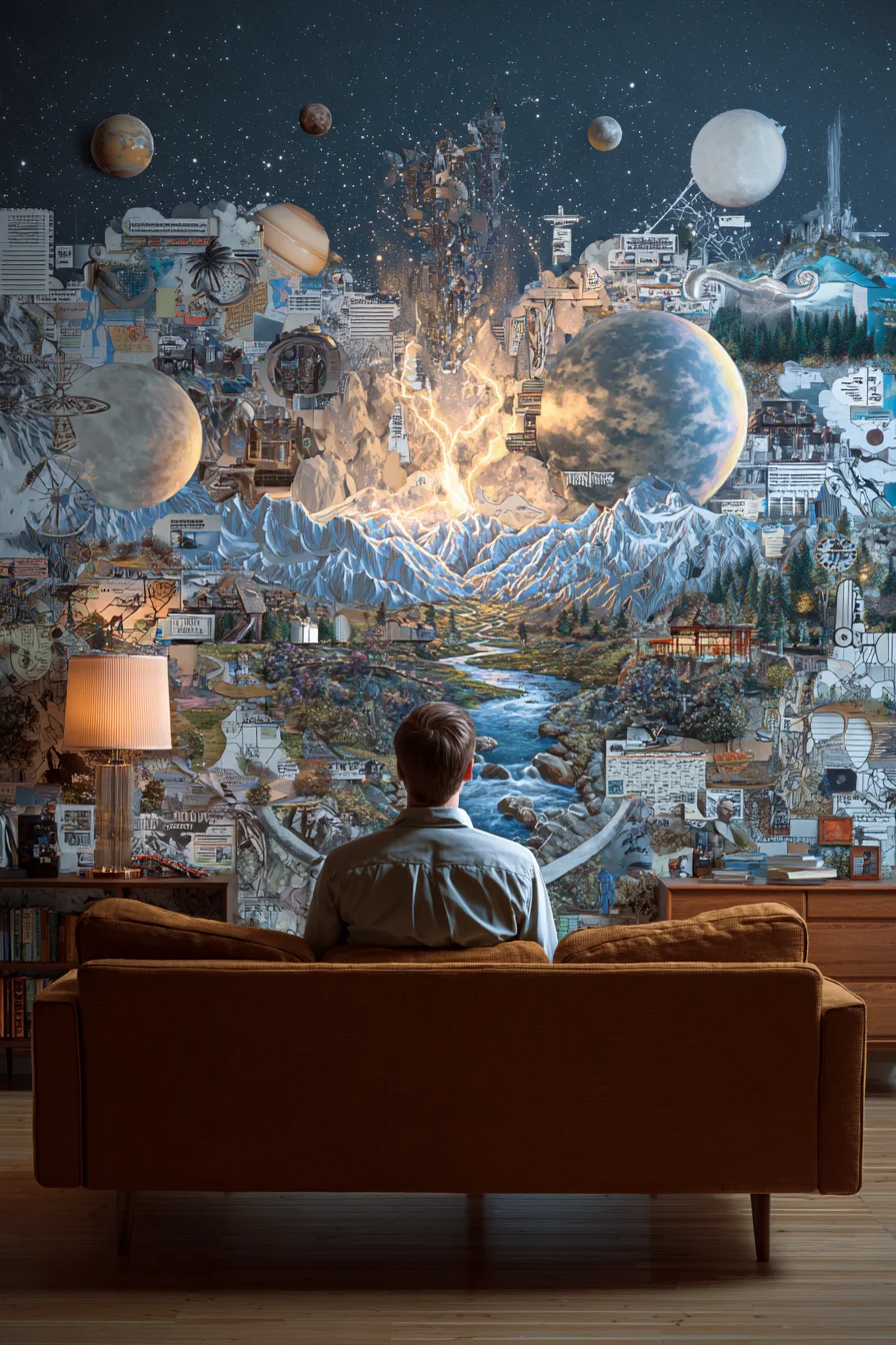 Surreal Cosmic Mountain Landscape Tattoo — Planets, Lightning & River