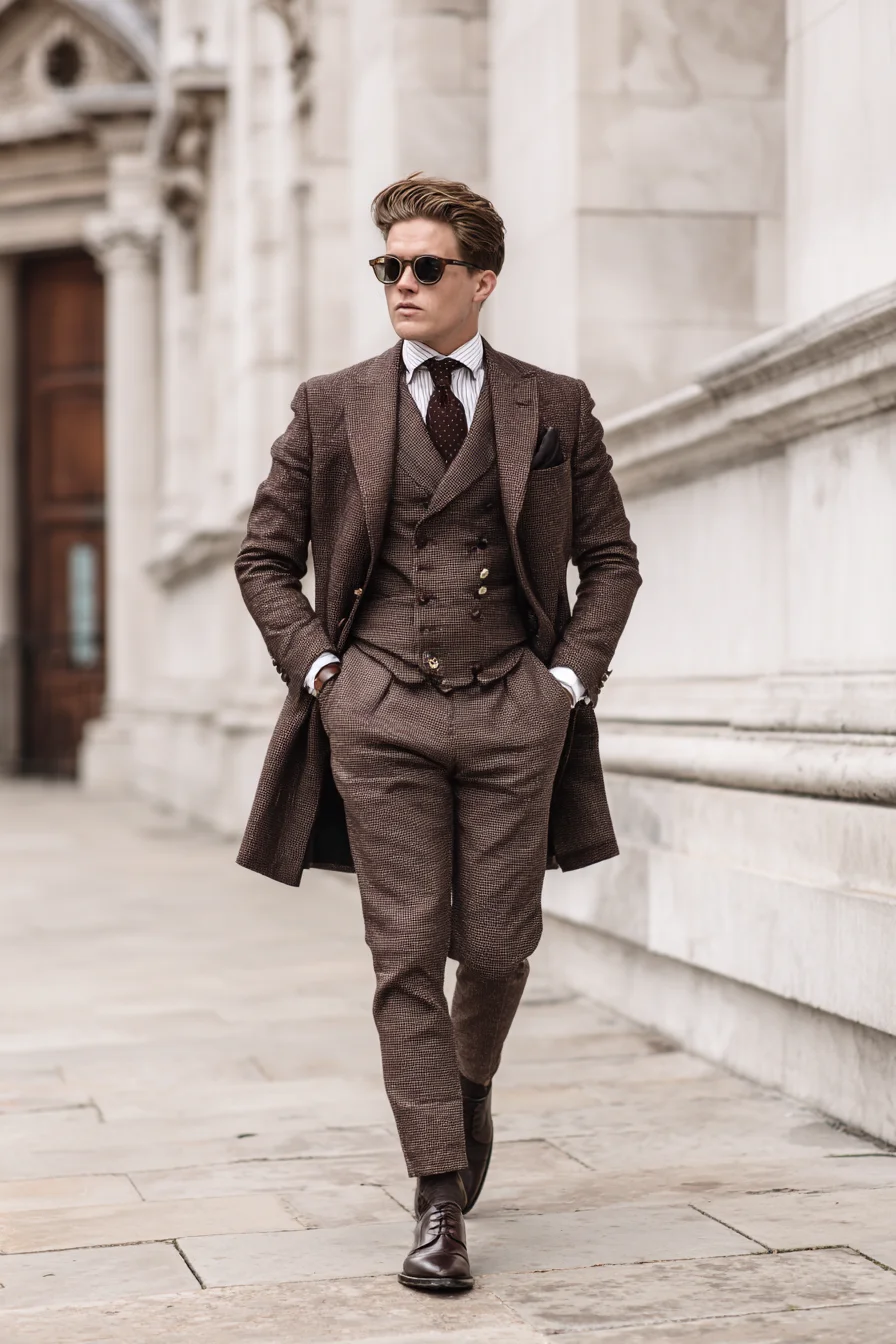 Tailored Mens Brown Tweed Three-Piece Suit — Modern Formal & Smart Casual