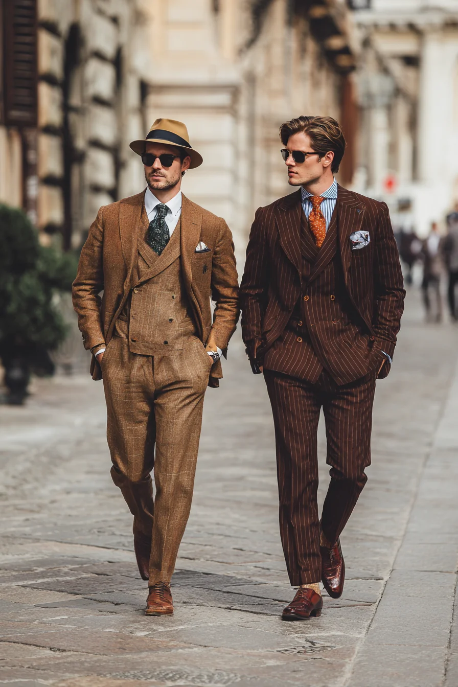 Tailored Mens Suits: Double‑Breasted Pinstripe & Textured Three‑Piece Styling