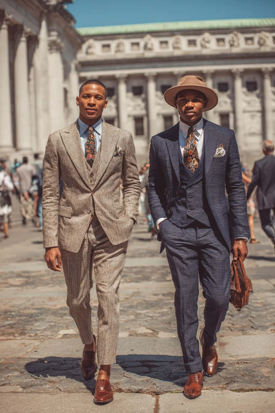 Tailored Summer Suits: Textured Beige & Navy Checks with Brown Leather