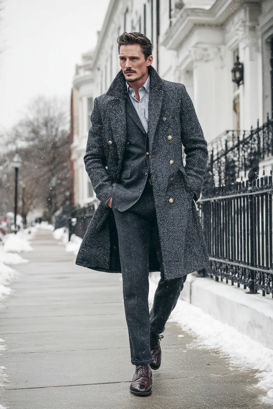 Tailored Winter Look: Double-Breasted Herringbone Coat with Charcoal Suit & Burgundy Oxfords