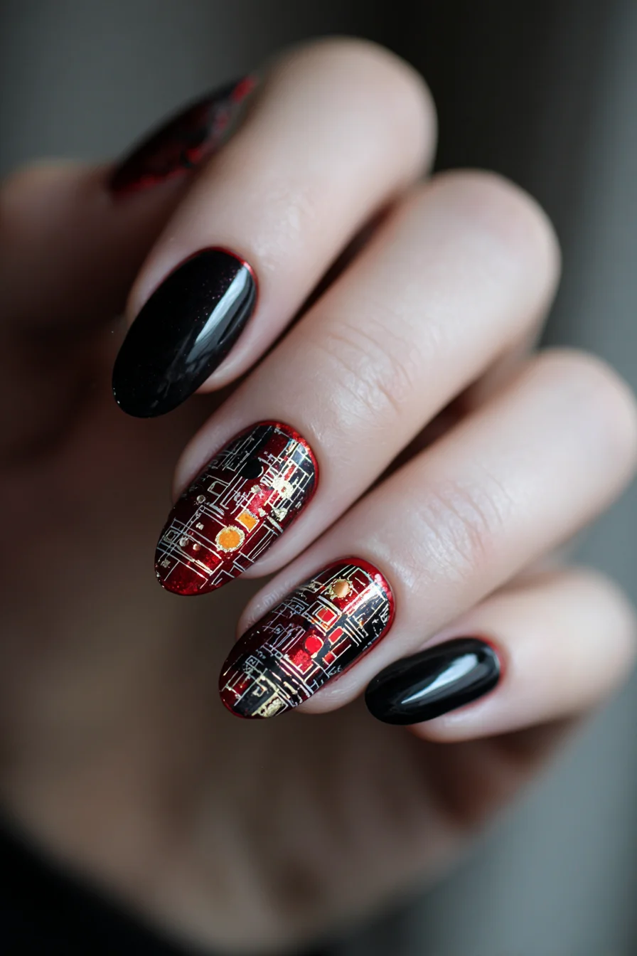 Tech Circuit Geometric Tattoo — Red & Black Linework for Forearm & Sleeve