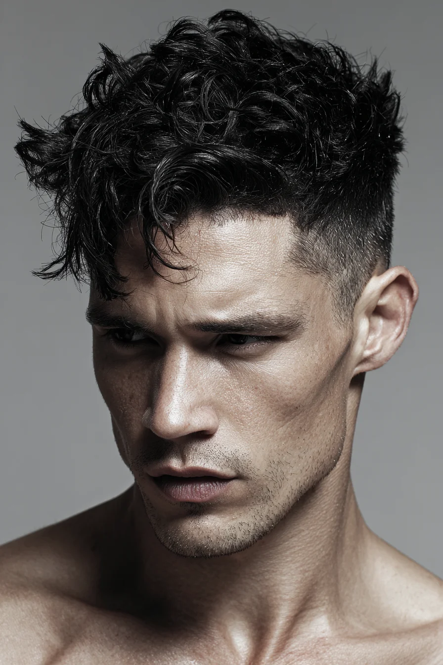 Textured Curly Top with Low Fade — Modern Mens Messy Quiff