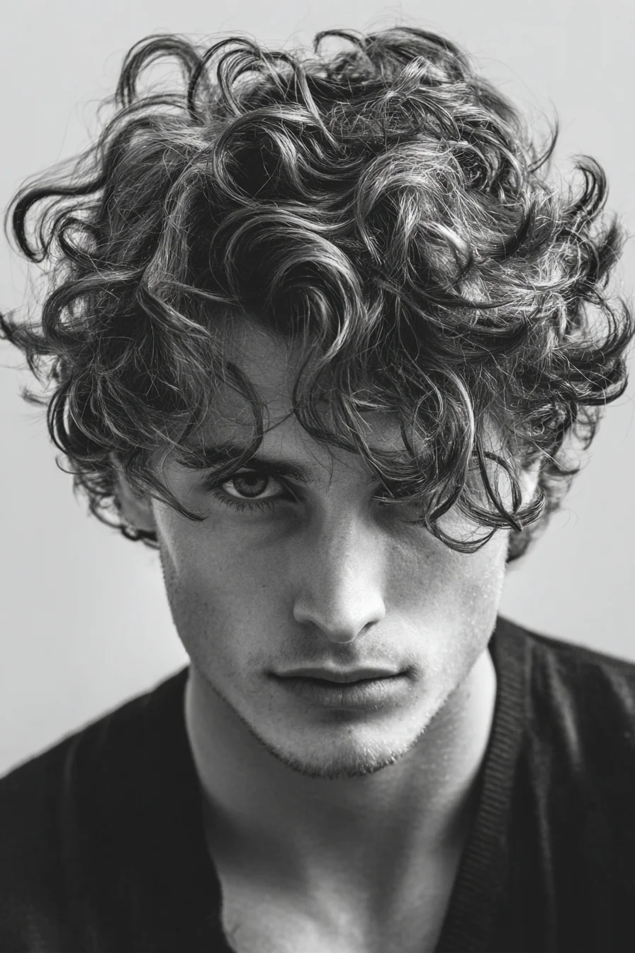 Textured Curly Tousled Mens Hairstyle with Fringe and Volume