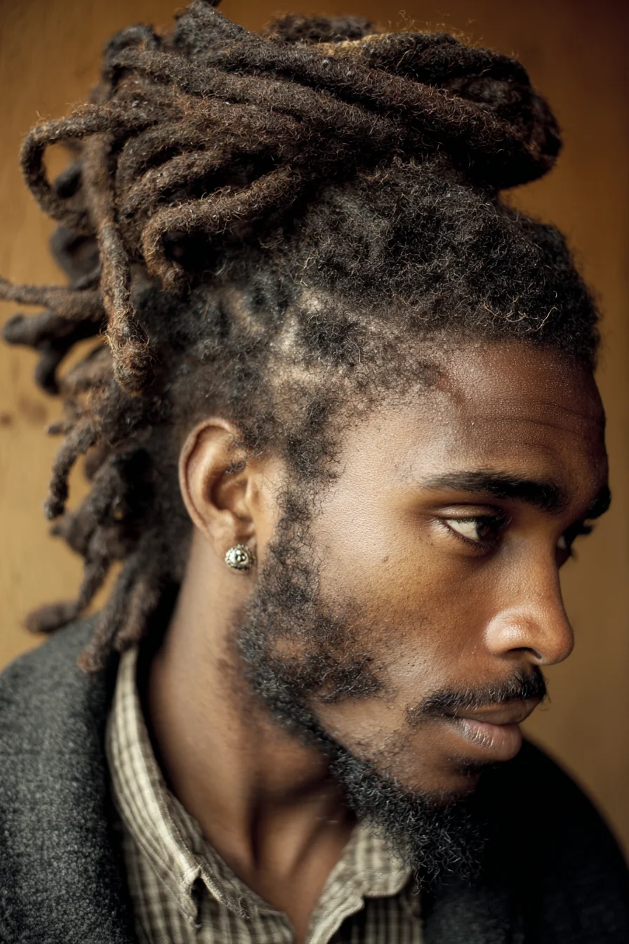 Textured Dreadlock High Bun for Men — Loose Locs with Tapered Sides