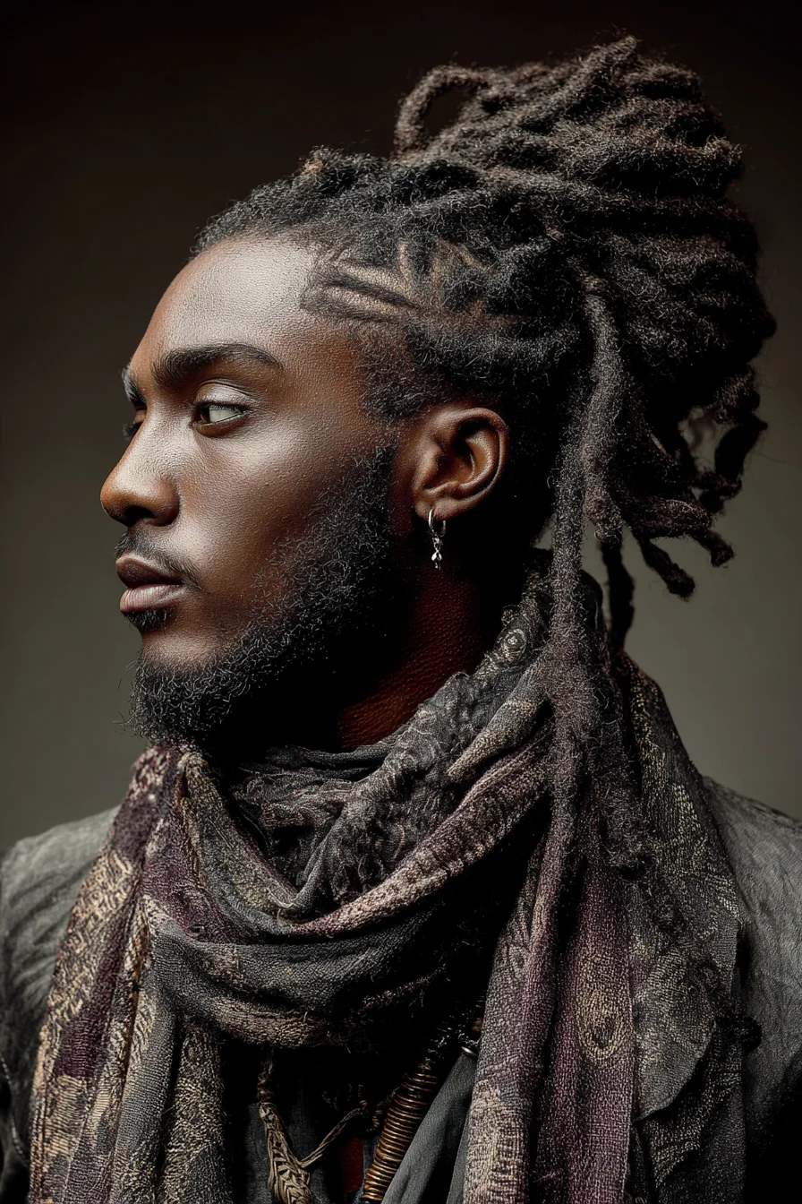 Textured Dreadlock Top Knot with Undercut and Side Design Lines