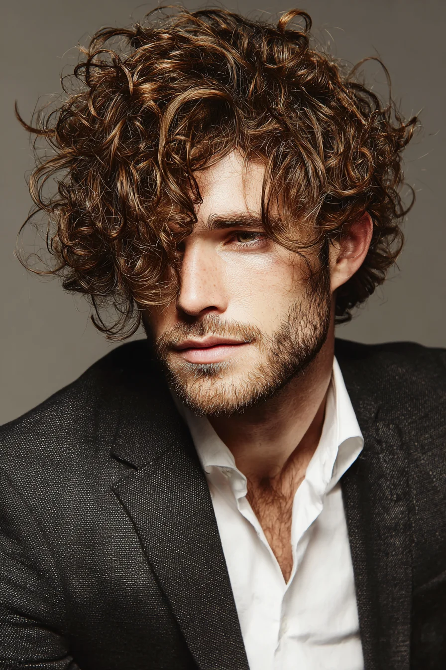 Textured Medium-Length Curly Cut for Men — Natural Volume & Fringe