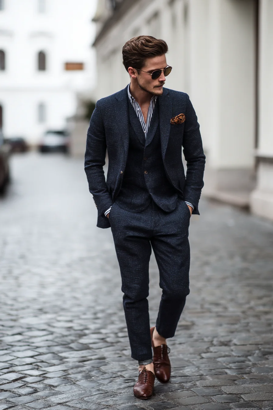 Textured Navy Three-Piece Suit — Modern Smart-Casual Styling for Men