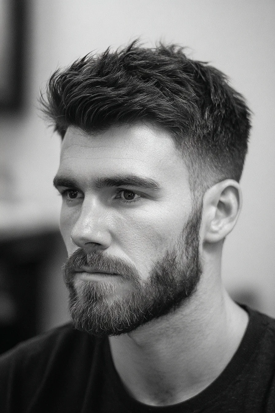 Textured Short Crop with Low Fade and Full Beard