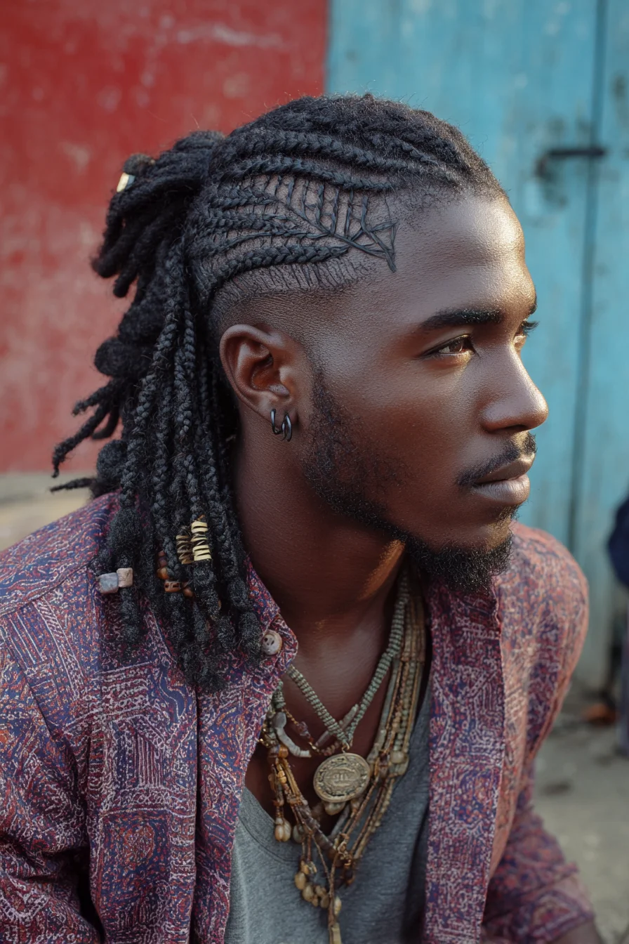Textured Side Cornrows with Short Dread Ponytail — Mens Braided Undercut