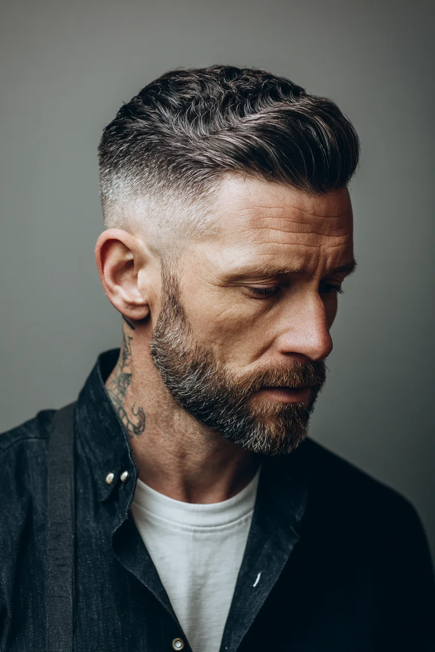 Textured Side‑Swept Pompadour with High Fade — Mens Modern Fade Haircut