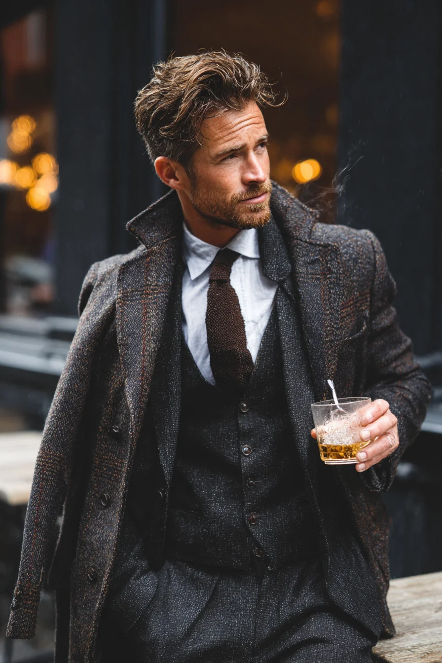 Textured Three-Piece Suit with Tweed Overcoat — Modern Autumn Mens Tailoring