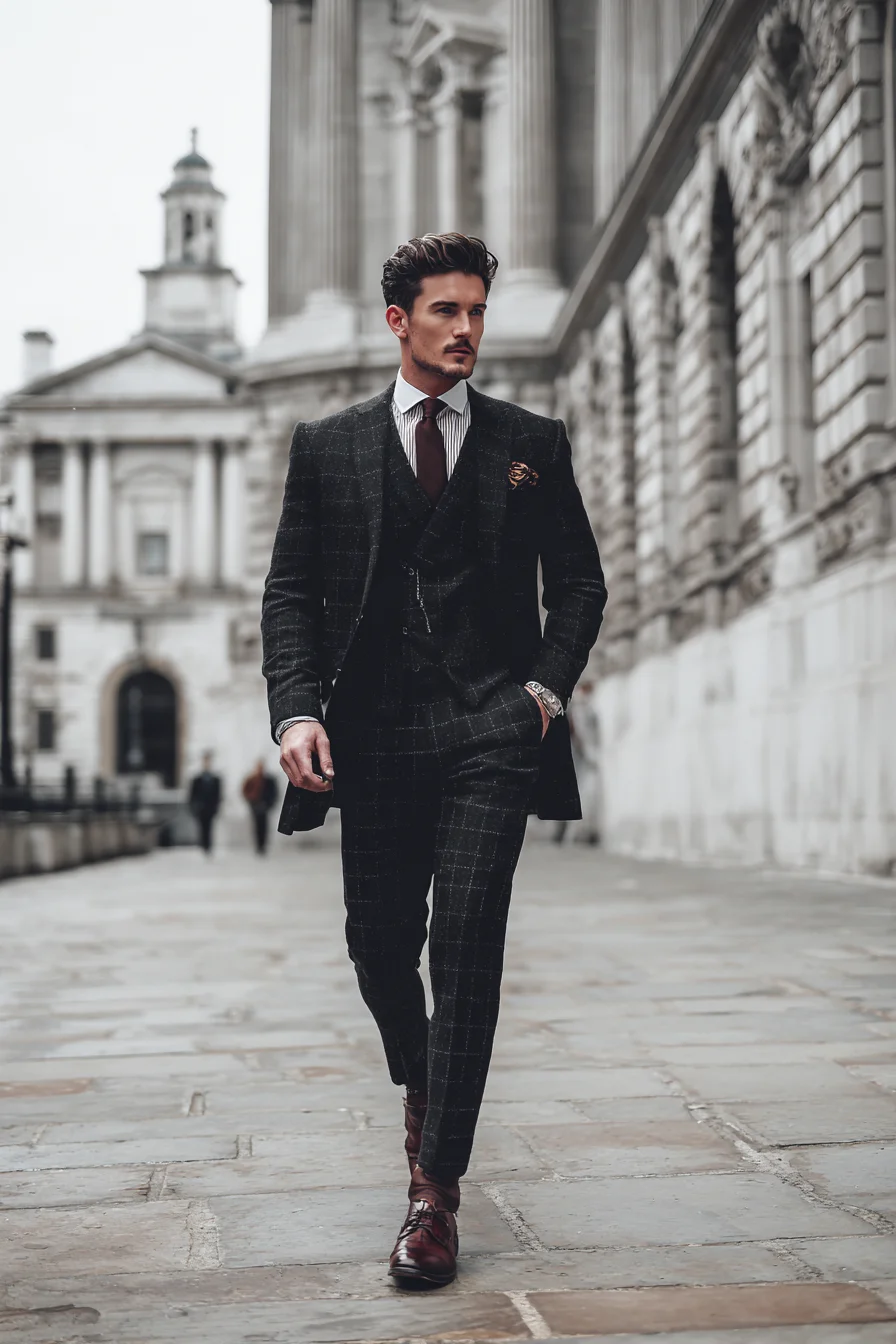 Three‑Piece Windowpane Suit for Modern Men: Sharp Business & Evening Wear