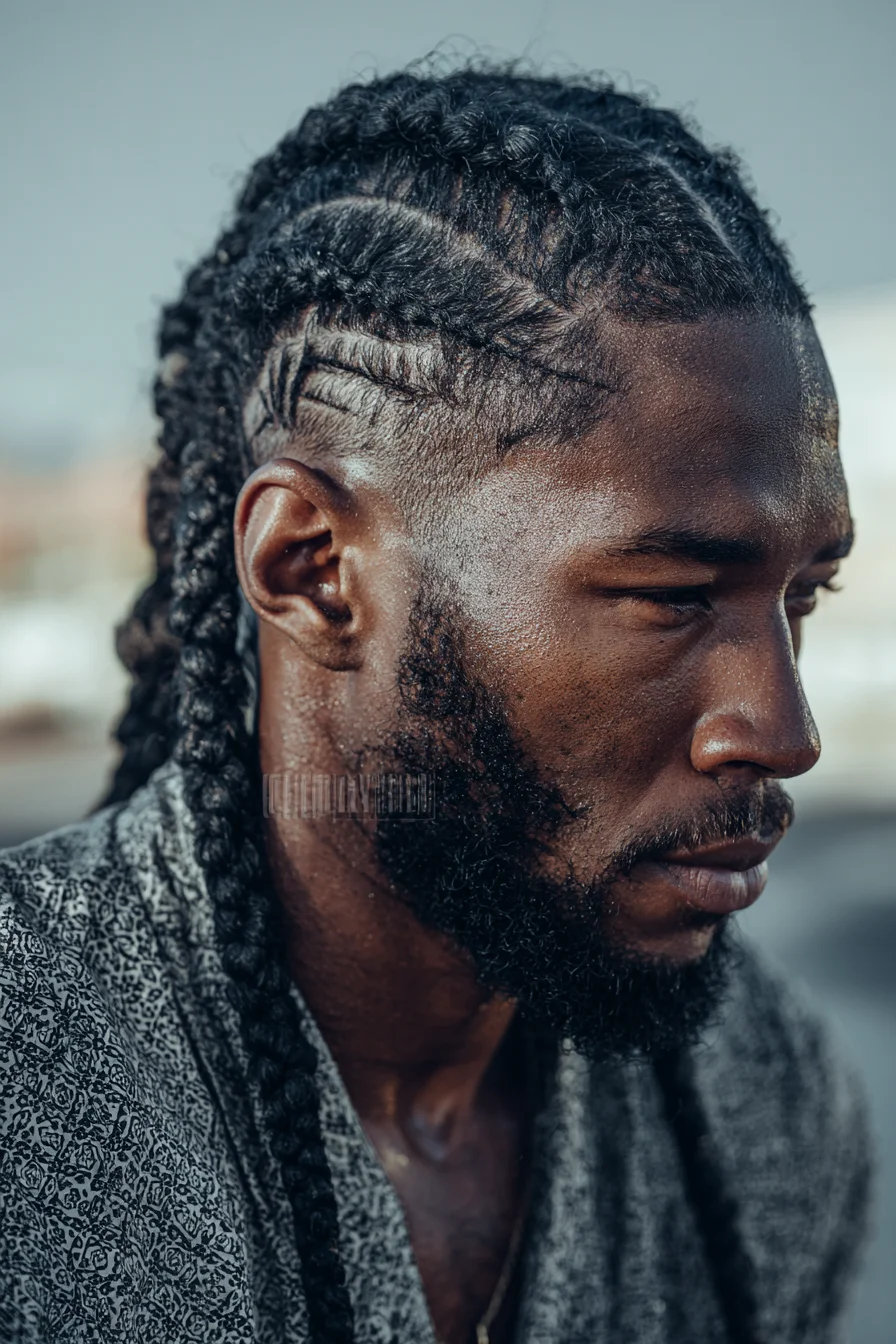 Tight Cornrows with Hard Part and Beard — Mens Braided Hairstyle