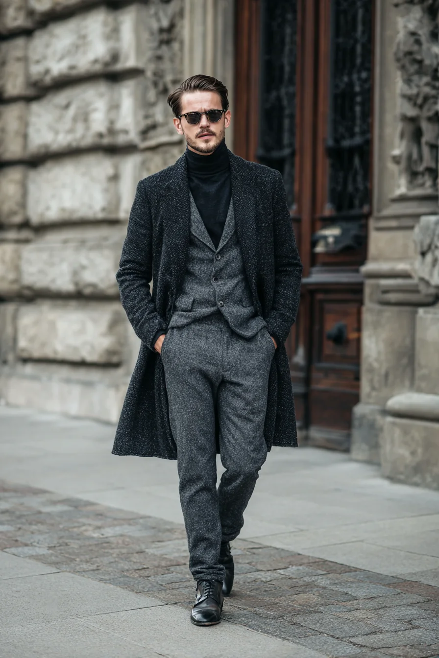 Tonal Grey Tailored Layers: Modern Mens Wool Coat, Waistcoat & Turtleneck