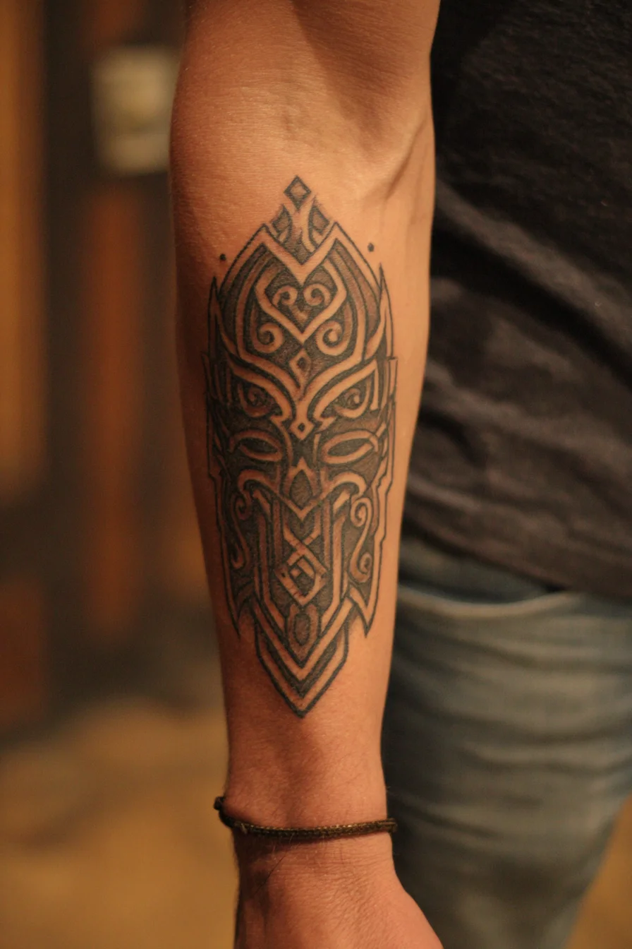 Tribal Mask Blackwork Forearm Tattoo — Geometric Polynesian-Inspired Design