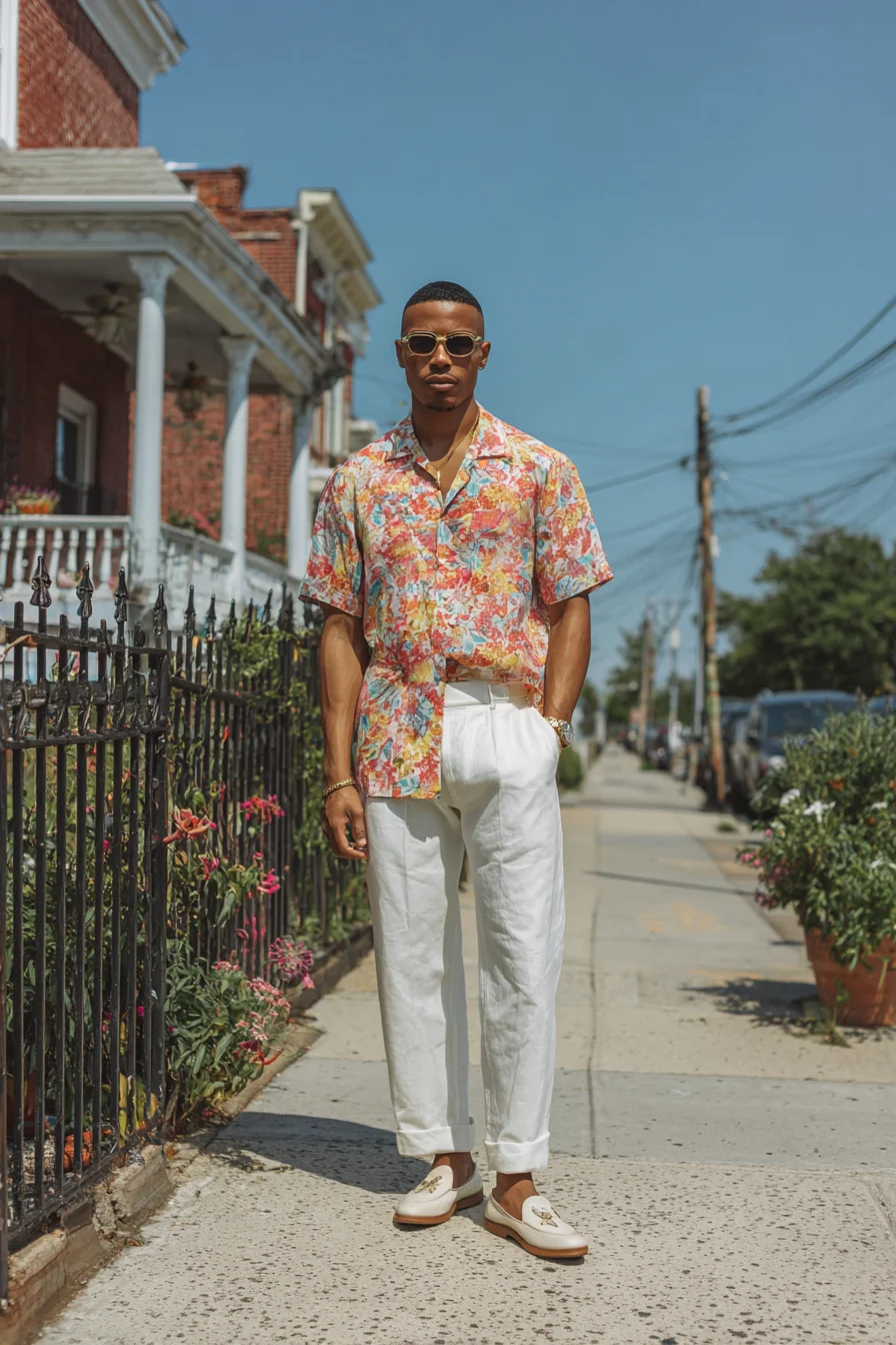 Tropical Print Camp Shirt with White Linen Trousers — Smart-Casual Summer Look
