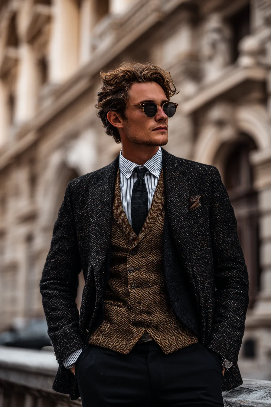 Tweed Blazer with Herringbone Waistcoat — Refined Smart‑Casual for Men