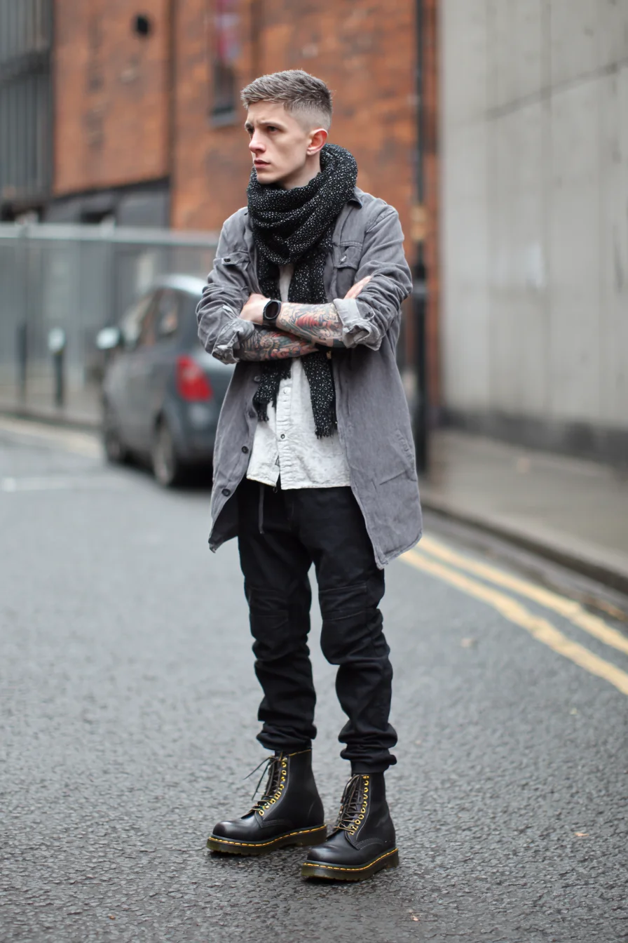 Urban Layered Mens Look: Overshirt, Chunky Scarf and Combat Boots