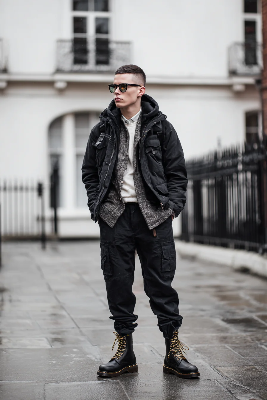 Urban Layered Menswear: Tactical Cargo, Wool Blazer & Combat Boots