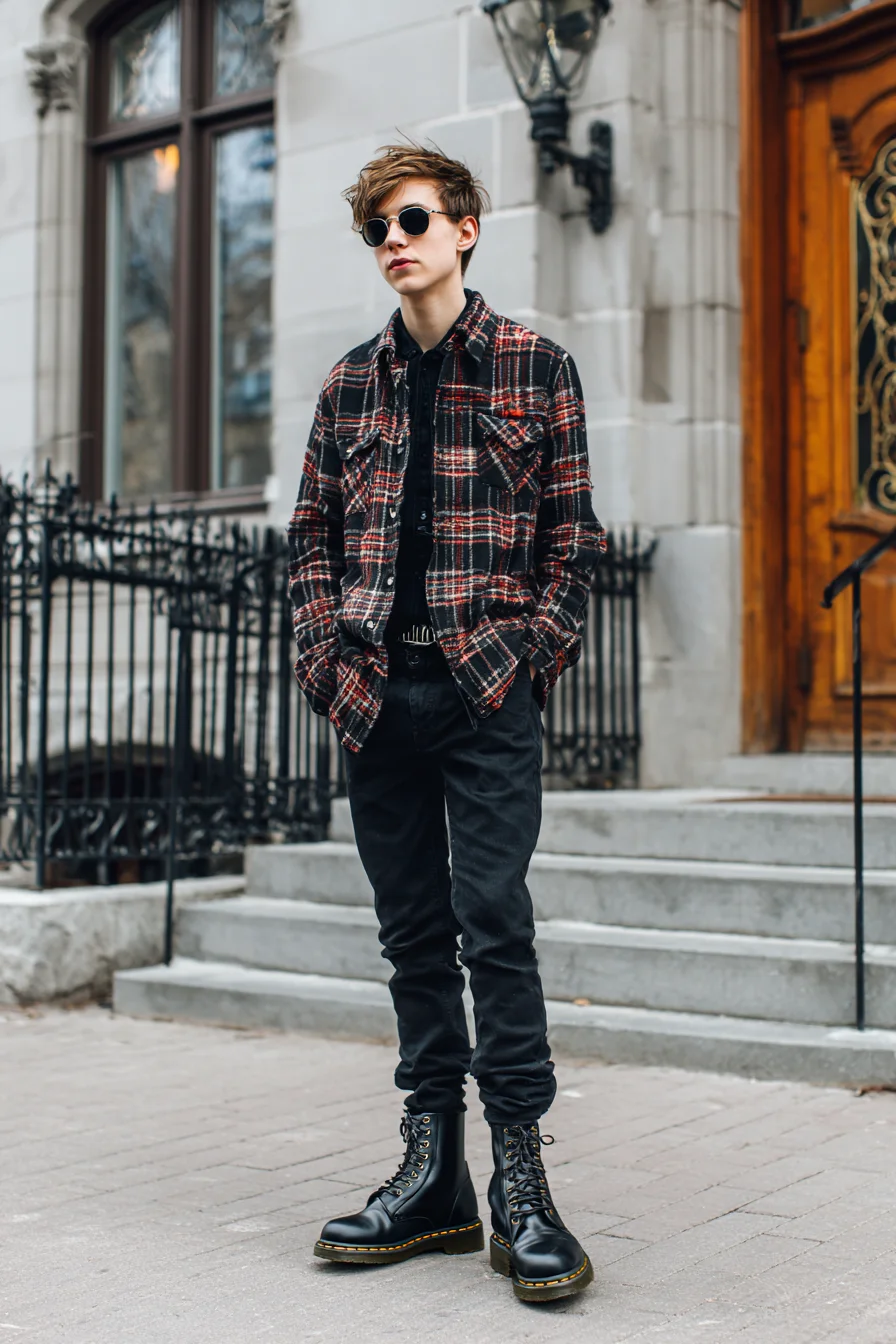 Urban Mens Outfit: Plaid Shacket, Slim Black Jeans & Lace-Up Combat Boots