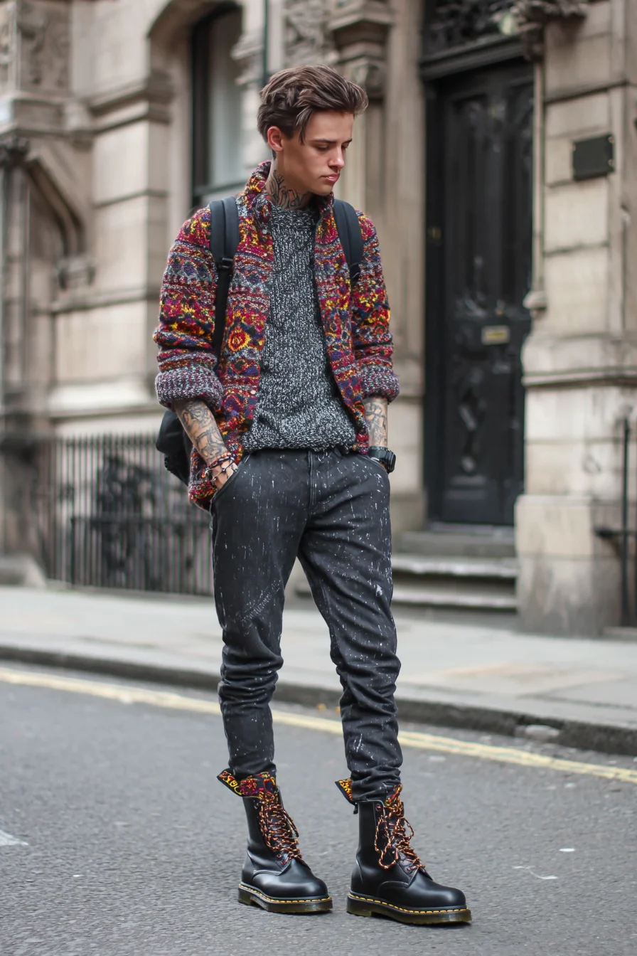 Urban Street-Ready Layering: Chunky Knit, Patterned Cardigan & Combat Boots