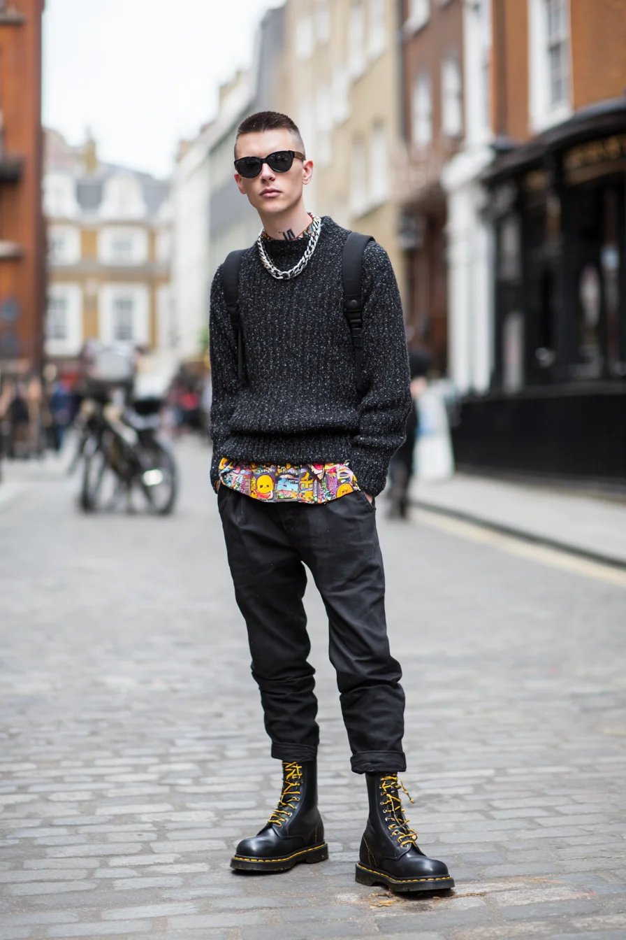 Urban Streetwear for Men: Chunky Knit Layering with Printed Shirt & Combat Boots