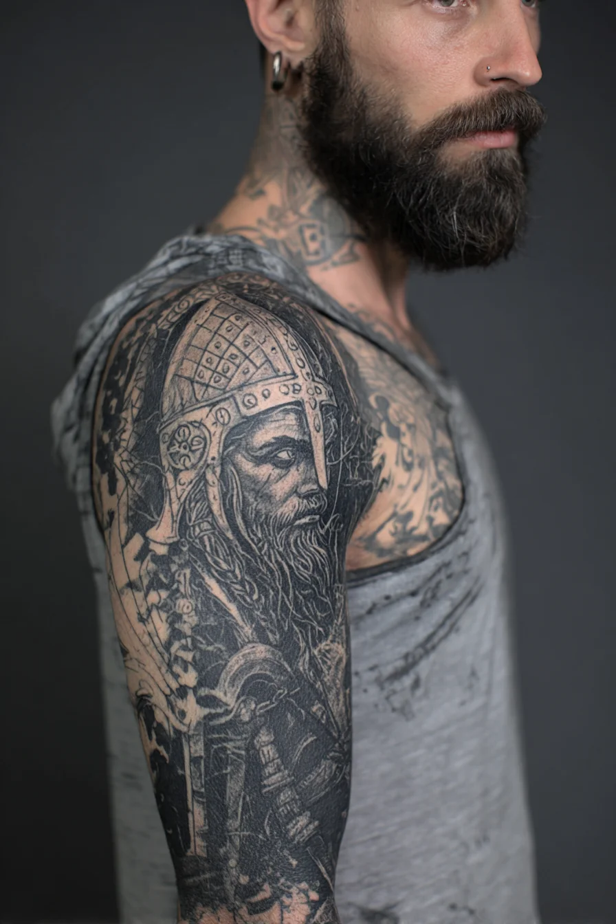 Viking Warrior Blackwork Half-Sleeve Tattoo — Norse Helmet & Beard
