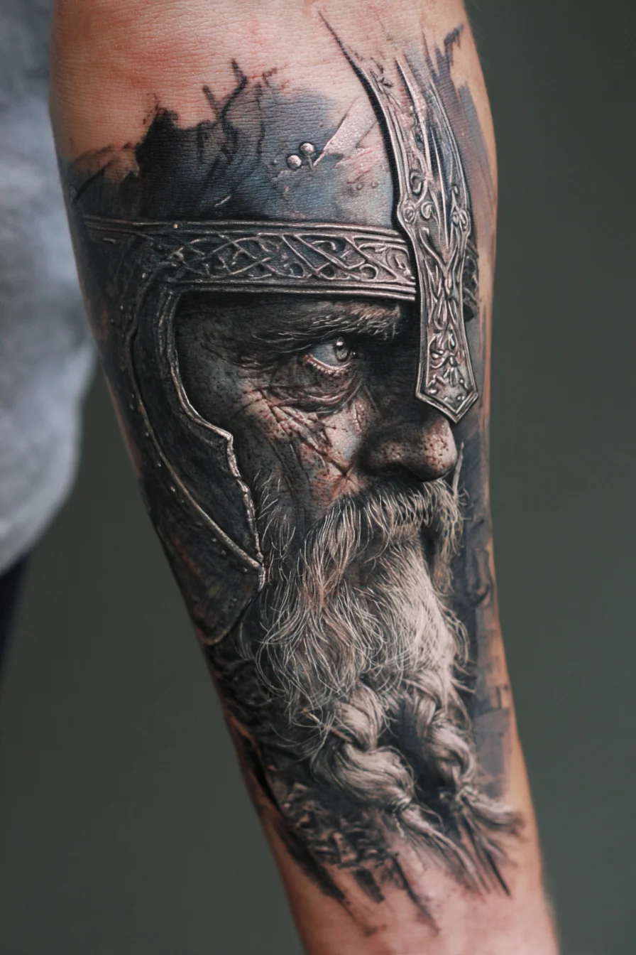 Viking Warrior Realism Forearm Tattoo — Norse Helmet Portrait