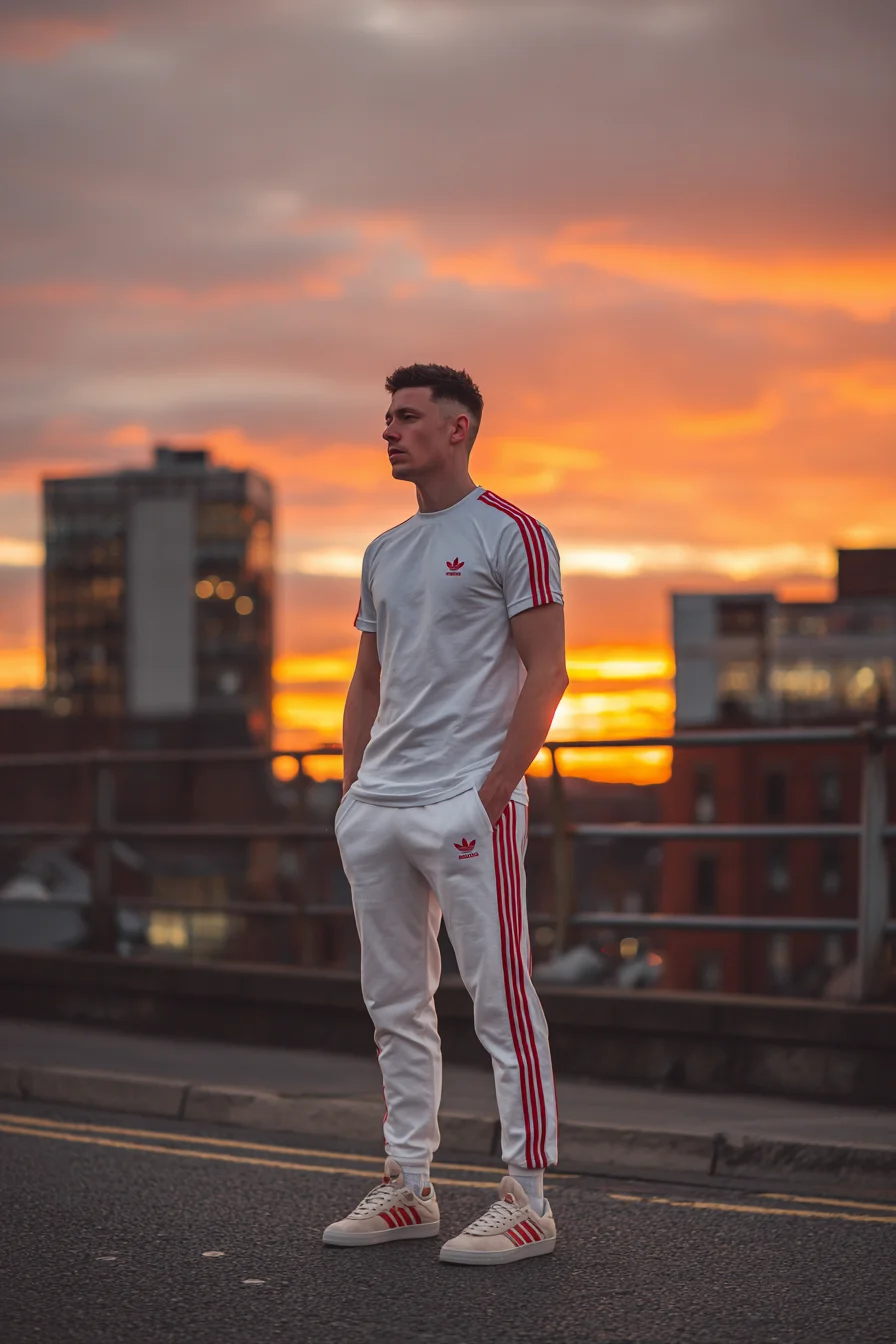 White & Red Athleisure: Slim-Track Tee, Tapered Joggers & Low-Top Sneakers