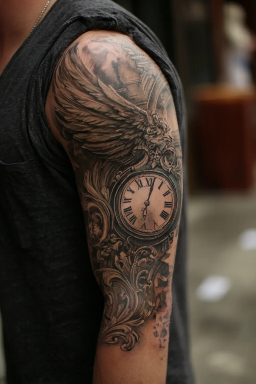 Winged Pocket Watch Half-Sleeve — Black & Grey Timepiece Tattoo