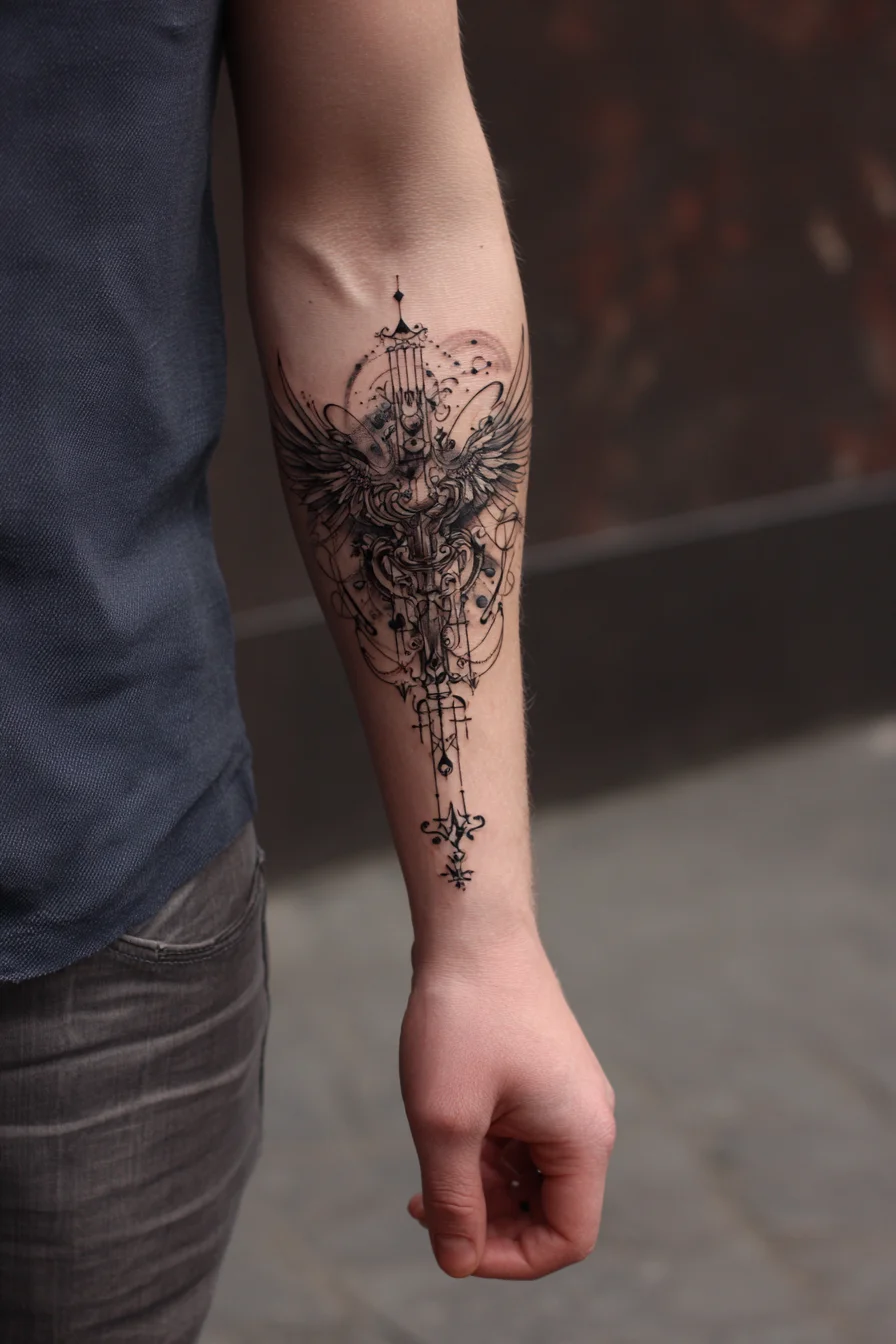 Winged Sword Forearm Tattoo — Ornamental Blackwork Symbol of Protection