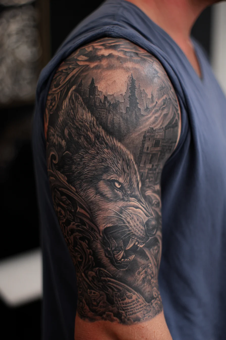 Wolf Half-Sleeve Tattoo — Black & Grey Realism with Gothic Castle